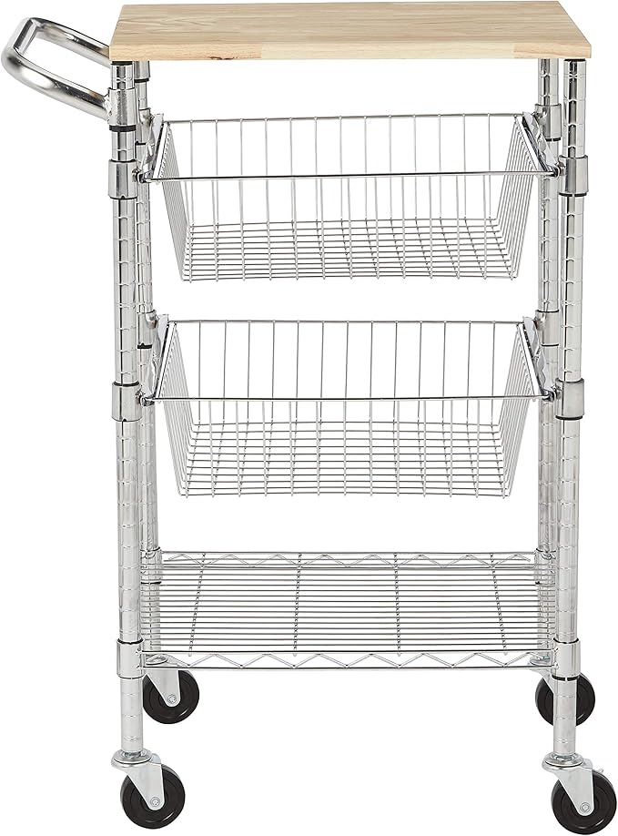 Amazon Basics 3-Tier Metal Basket Rolling Cart with Wood Top, Silver