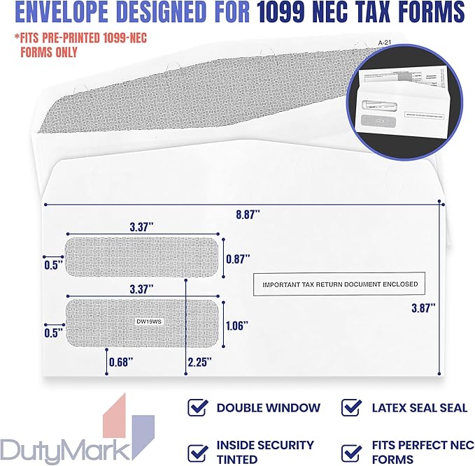 500 1099 NEC Tax Form Envelopes Designed for Printed 1099 NEC Forms 2025, Self-Seal Double-Window, Security Tinted Envelopes, Fits Preprinted 3 up 1099 NEC 2025 Box of 500