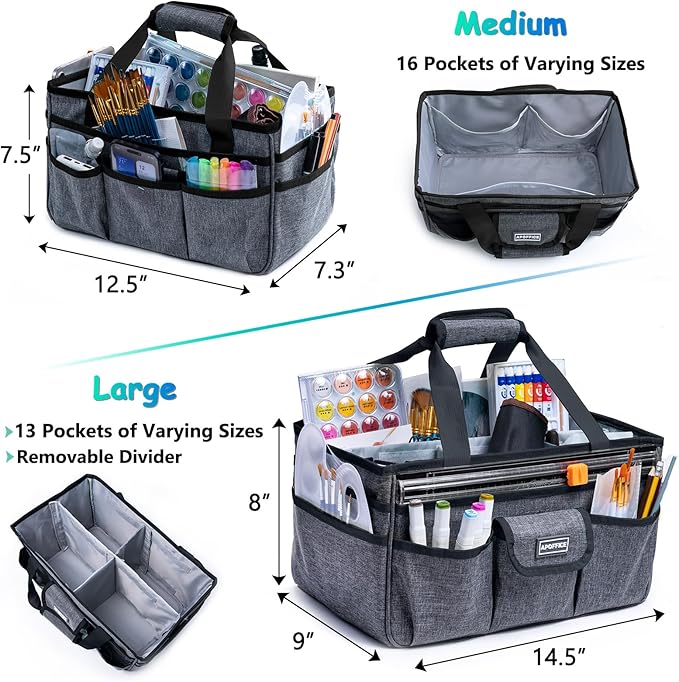 Art Supply Organizer Tote Bag – Craft Caddy with Handle, Utility Storage Tote with Multiple Pockets & Adjustable Divider for Sewing, Scrapbooking, School, Office, Medical Supplies