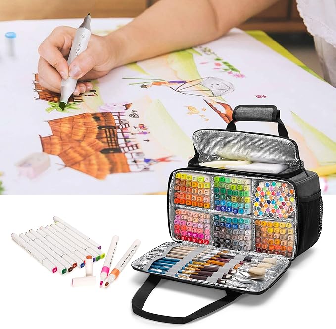 Marker Storage Bag Marker Case Organizer Hold up to 216 Markers, Carrying Case with Shoulder Strap and Handle, with Dividers and Easy Cleaning Liner (Markers Length up to 5.1"/13 cm), Grey