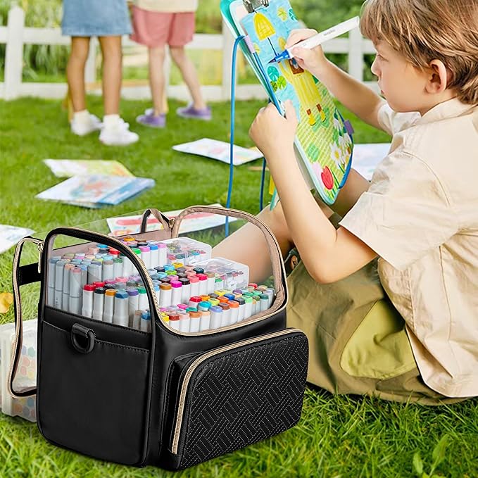 Large Marker Organizer Case for 180 Markers, Marker Storage Bag with Dividers and 4 Pockets for Paint Markers, Paint Brushes, Colored Pencils or Other Art Supplies, Black (Patented Design)