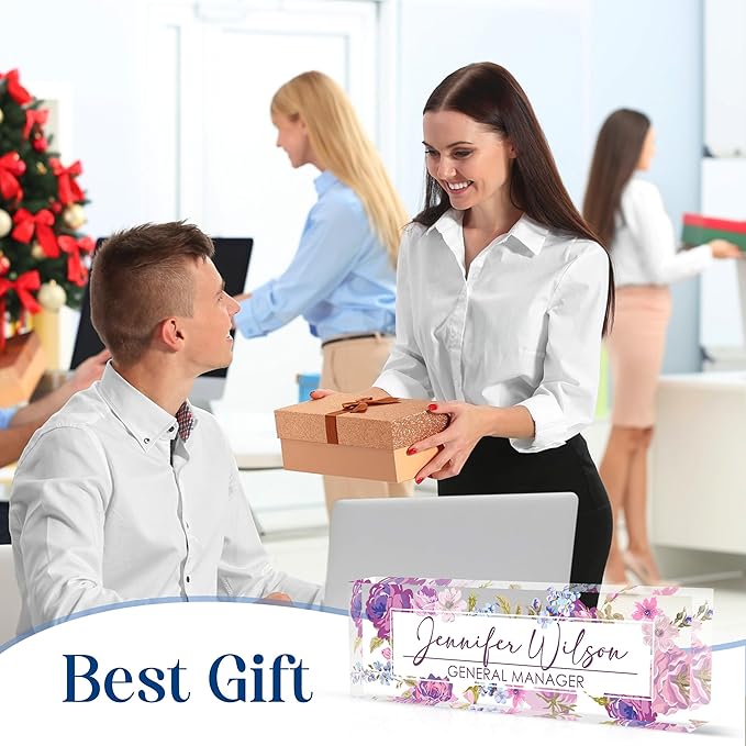 Personalized Office Name Plate, Custom Name Plate for Desks, Office Desk Decorations Gift for Women Men, Acrylic Desk Name Plate for Teacher Coworkers Staff Boss (Flourishing Blossom)