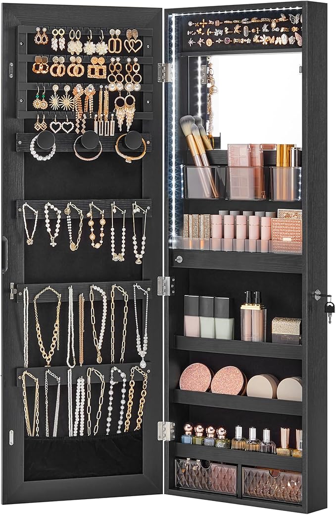 SONGMICS Jewelry Cabinet Armoire Organizer with LED Lights, Wall-Mounted Storage Cabinet with Full-Length Frameless Mirror, Built-in Makeup Mirror, 2 Drawers, Lockable, Black UJJC013B01