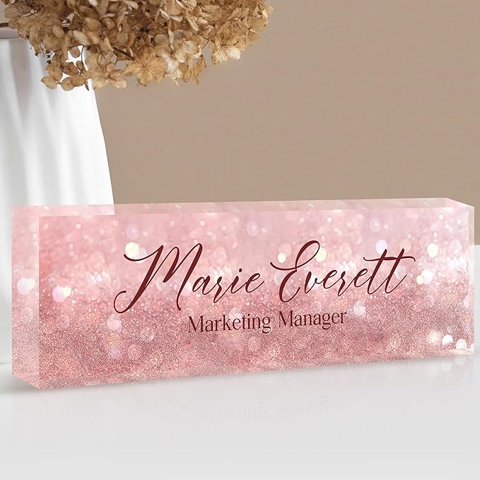 Custom Name Plate for Desk | Personalized Desk Name Plate | Personalized Boss Employee Teacher Appreciation Gifts | Acrylic Name Plate Office Desk Accessories (A-Pink Quartz)
