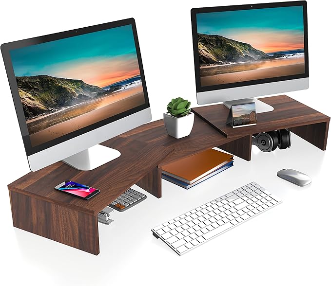 FITUEYES Dual Monitor Stand – 3 Shelf Computer Monitor Riser, Wood Desktop Stand with Adjustable Length and Angle, Desk Accessories, Office Supplies Medium Brown, DT108002WB