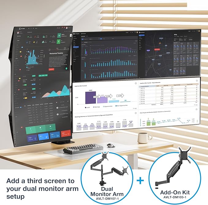 AVLT 57 Inch Heavy Duty Pole Top Mount Monitor Arm Series – Dual & Single Add-On Kits, Height Adjustable, VESA Compatible (Black, Add-On Monitor Arm)