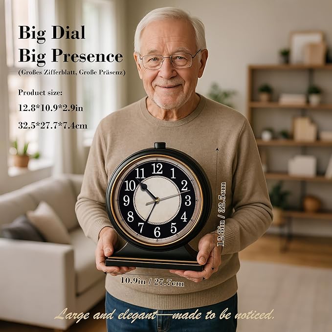 AYRELY® Vintage Desk Clock Silent-Non-Ticking 10-inch dial Table Clock,Retro Mantel Clocks and Easy to Read for Living Room, Bedroom, Shelf Decoration, Fireplace, Farmhouse Decor (Black)