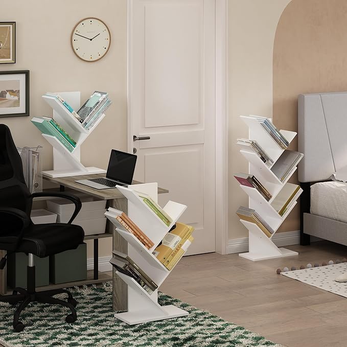 Furinno Tree Book Shelf, 7-Tier Bookshelf, Tree Bookcase for Room Decor, 8.4 x 15.7 x 39.4, for Living Room, Bedroom, Home Office, White