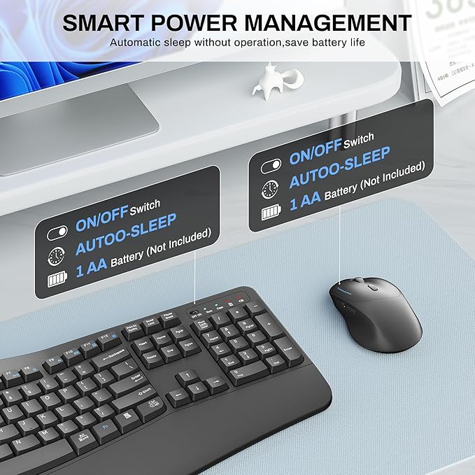 Wireless Keyboard and Mouse Combo,2.4G Full Size Wave Keys Ergonomic Keyboard with Wrist Rest for Natural Typing, 3 DPI Adjustable Ergonomic Silent Mouse for Computer/Laptop/Windows/Mac (Gray)