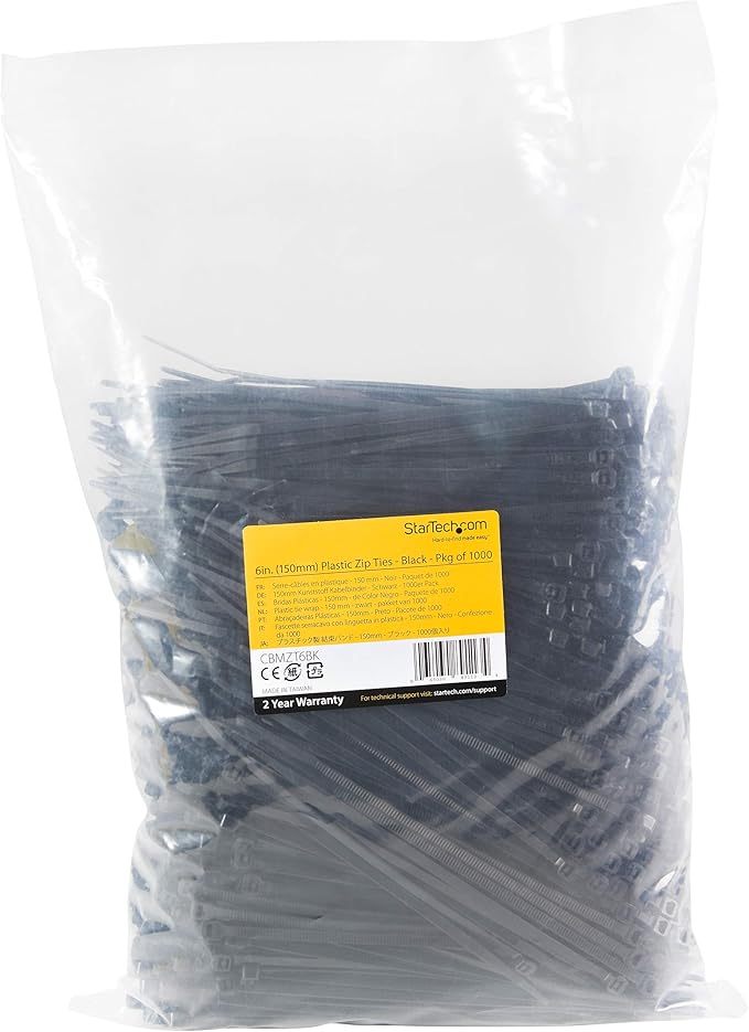 StarTech.com 6"(15cm) Cable Ties - 1/8"(3mm) Wide, 1-3/8"(39mm) Bundle Diameter, 40lb(18kg) Tensile Strength, Nylon Self Locking Zip Ties w/Curved Tip - 94V-2/UL Listed, 1000 Pack - Black, TAA