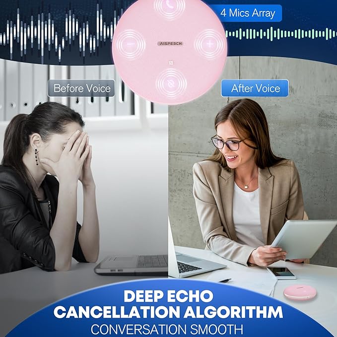 AISPEECH M4 Bluetooth Speakerphone Conference Speaker and Microphone with AI Noise Reduction GPT Transcription Speakers for Computer Desktop 360° Voice Pickup at Home Office for Teams/Zoom, Pink