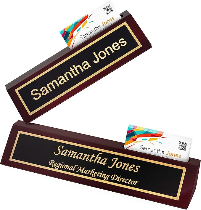 Providence Engraving Personalized Wood Desk Name Plate for Office, Custom Laser Engraving with Business Card Holder, Piano Finish Desk Wedge in Rosewood, 2x8