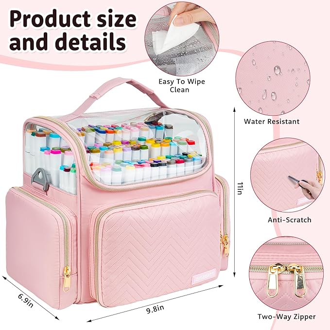 Large Marker Organizer Case for 200-300 Markers,Travel Marker Storage Bag with Dividers and 4 Pockets,Marker Organizer Holder for Paint Brushes,Colored Pencils and Other Art Supplies,Bag Only,Pink