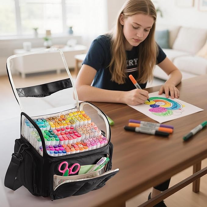 Puffy Marker Organizer Case for 210 Markers, Large Marker Storage Bag with Shoulder Strap for Adults, Artists, Teachers, Coloring Enthusiasts, Marker Holder Organizer, Black (Patented Design)