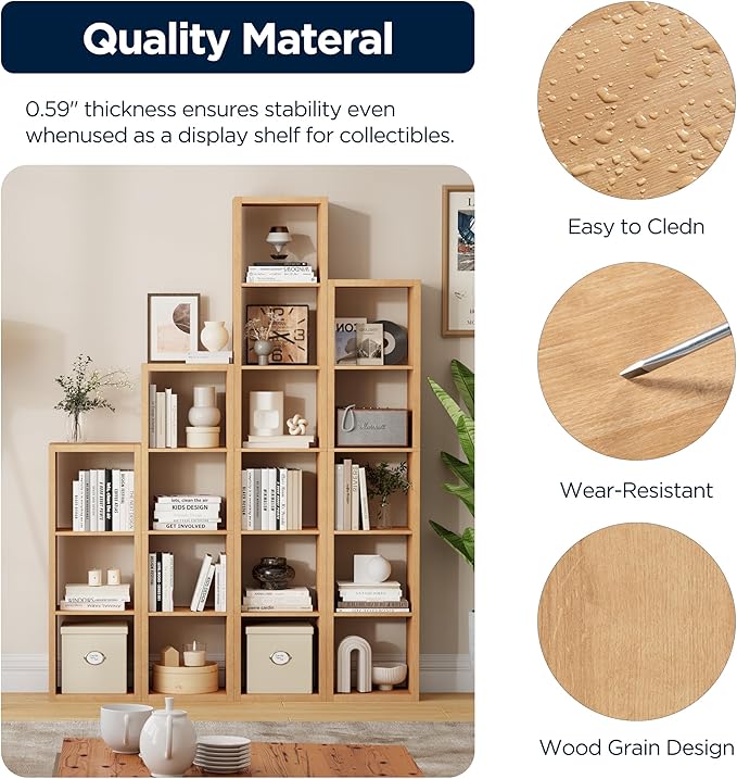 12-Cube Storage Organizer, Wooden Cube Shelf Bookcase with Reinforced Thick Shelves, Heavy-Duty 36.93" L x 9.37" W x 48.82" H, for Living Room Bedroom Home Office, Natural-Oak