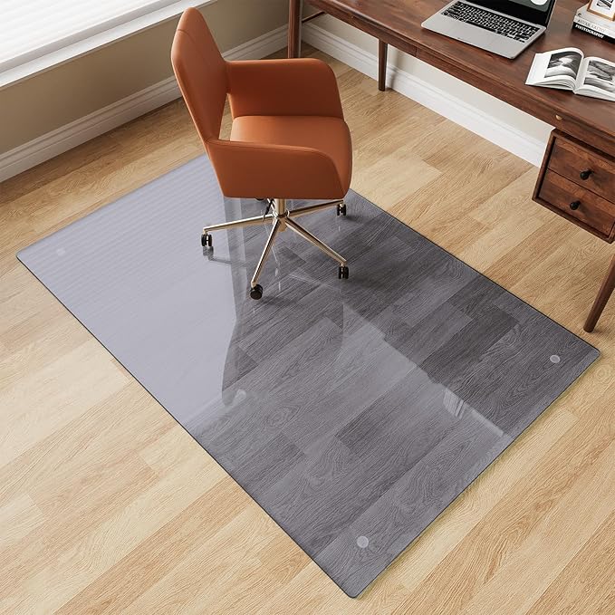 FlyEcho Glass Chair Mat 40" x 60" Heavy Duty Tempered Glass Office Chair Mat, Glass Floor Mat with Round Corner and Polished Edge for Smooth Glide, Carpet Hardwood Floor Protector, Grey