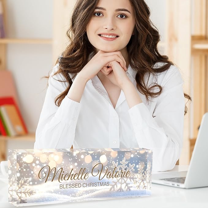 Custom Desk Name Plate Personalized, Acrylic Name Plates for Desk, Office Decor Personalized Gifts for Teacher Coworkers Boss Nurse Christmas Snowflakes
