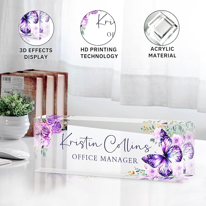 Custom Name Plate for Desk, Personalized Desk Name Plate on Clear Acrylic Glass, Appreciation Gifts for Teacher Employee Boss Coworkers Nurse, Office Desk Accessories for Women Men (Amethyst)