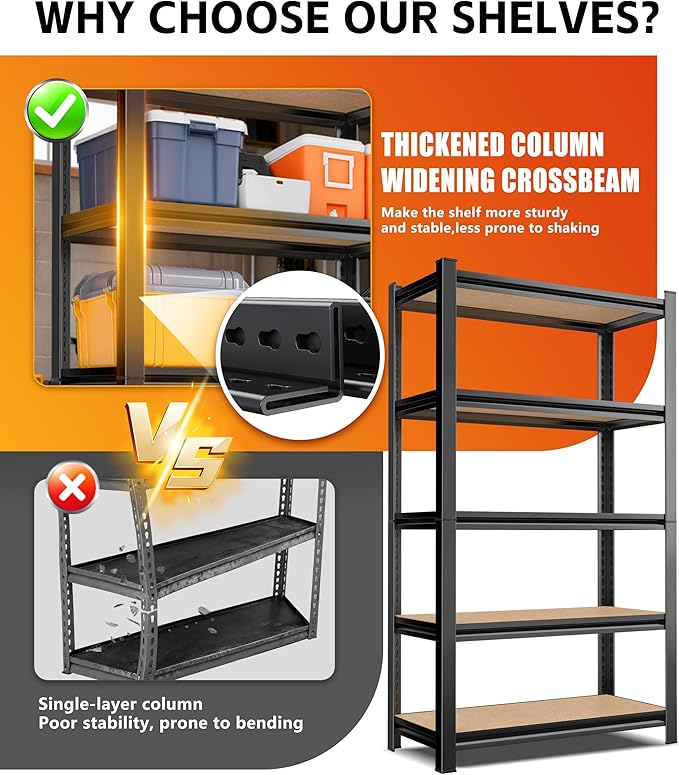 Set of 5 Garage Shelving 5-Tier Heavy Duty Storage Shelves, Adjustable Metal Shelving Unit, Utility Garage Organizer Shelf for Basement, Pantry, Kitchen, Warehouse,15.7" D x 35.4" W x 71.2" H