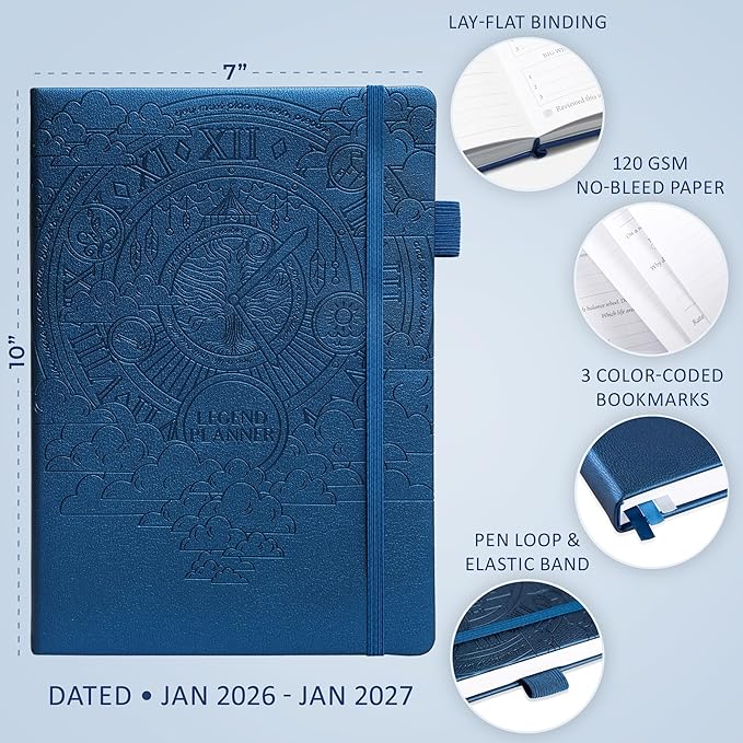 Legend Planner PRO Dated Jan 2026-Jan 2027 – Deluxe Weekly & Daily Organizer with Time Slots. Appointment Book Journal for Work & Time Management, A4 Hardcover (Mystic Blue)