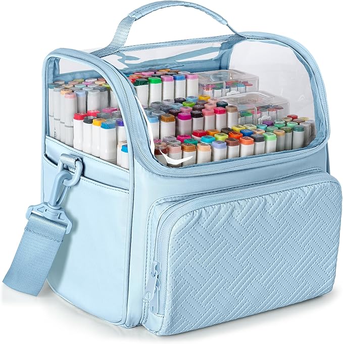 Large Marker Organizer Case for 180 Markers, Marker Storage Bag for Markers, Paint Brushes, Colored Pencils or Other Art Supplies with Dividers and Shoulder Strap (Blue)
