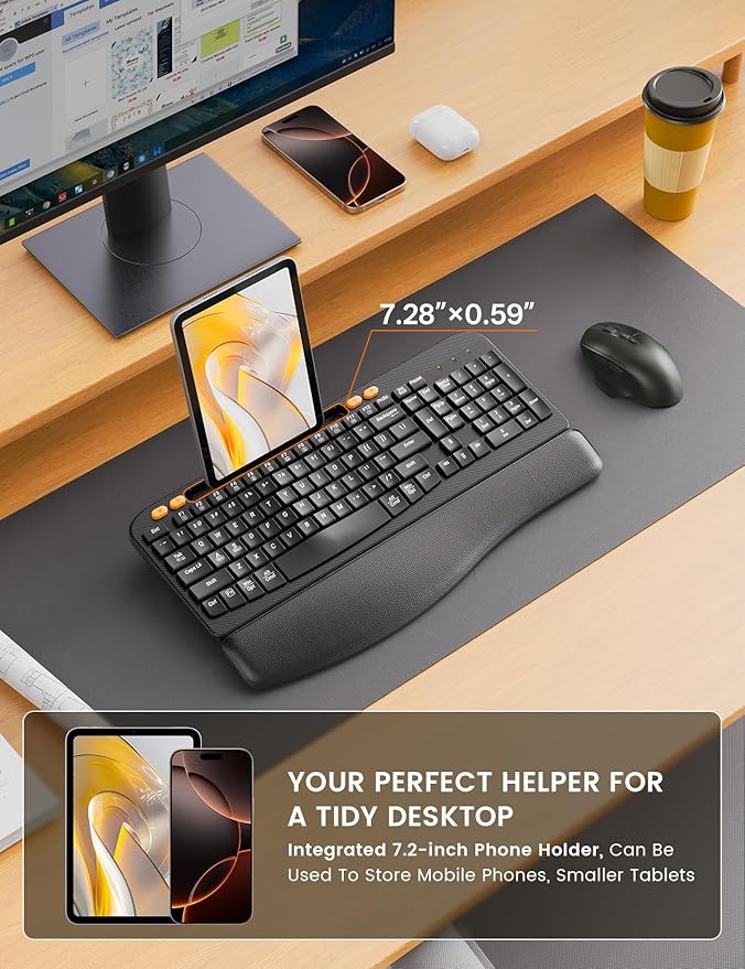 Wireless Keyboard and Mouse Combo, Ergonomic Wave Keys, Cushioned Palm Rest, Rechargeable, Phone Holder, Natural Typing, 2.4G Lag-Free, Full Size Keyboards Cordless Set for Windows/Mac -SABLUTE