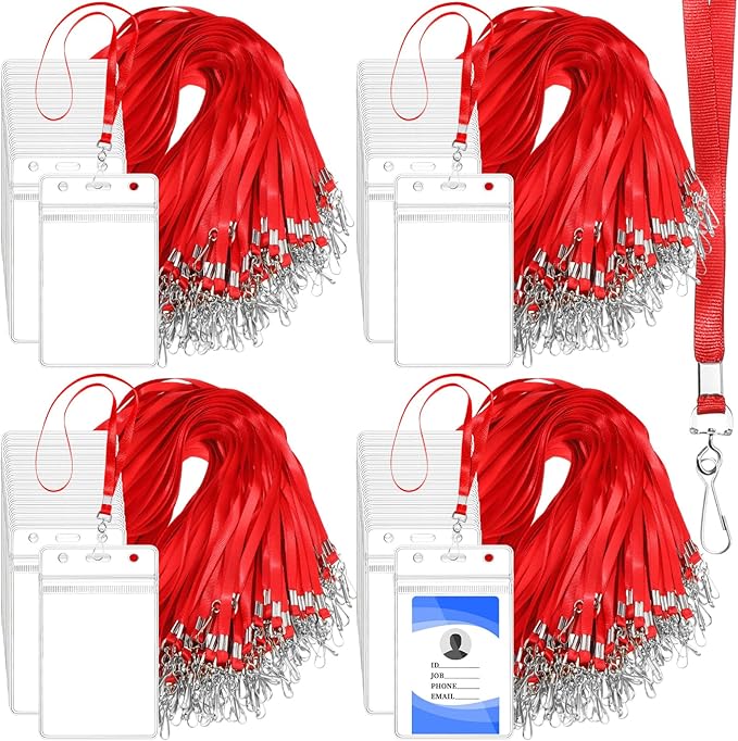Harloon 300 Pack Clear ID Badge Holder with Lanyard 2.75 x 4.53 Inch Bulk Waterproof Vertical Card Holders with Flat Neck Lanyards and Swivel Hooks for Cruise, School, Office Supplies(Red)