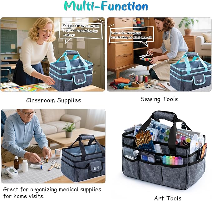Art Supply Organizer Tote Bag – Craft Caddy with Handle, Utility Storage Tote with Multiple Pockets & Adjustable Divider for Sewing, Scrapbooking, School, Office, Medical Supplies