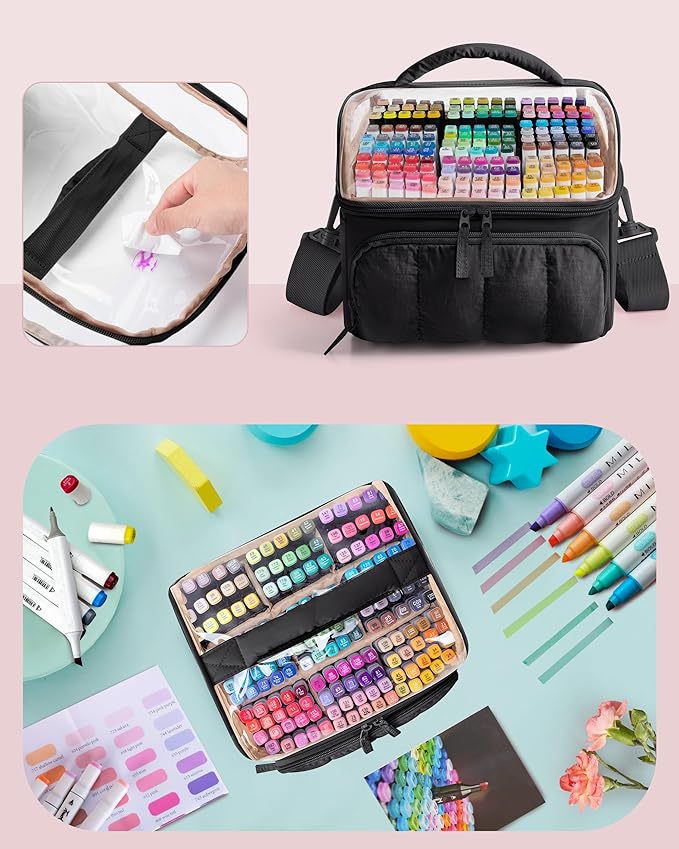 Quilted Marker Organizer Case Holds 180 Markers, Marker Storage Organizer Bag with Dividers and Multiple Pockets (Bag Only), Black