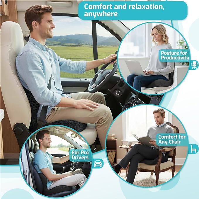 Trucker Seat Cushion, Car Seat Cushions with Lumbar Support Pillow, Ergonomic L-Shaped One Piece Memory Foam Pad for Long Driving Back Pain Sciatica Relief, Drivers Office Workers (Black+ Gray)