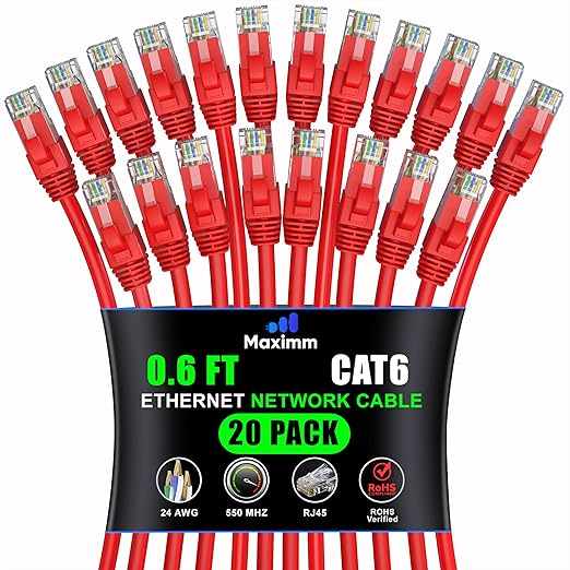 Maximm Cat 6 Ethernet Cable 0.6 ft (20-Pack) - High-Speed LAN Cable, Internet Cable, Patch Cable, and Network Cable - UTP, 10Gbps, 550MHz Ethernet Cord - Red