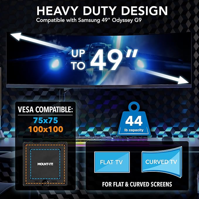 Mount-It! Heavy-Duty Ultrawide Monitor Arm up to 49" / 44 lb for Samsung Odyssey G9, 75x75 and 100x100 VESA Desk Mount for Widescreen Curved Monitors, Gas Spring, RGB Lights, Clamp and Grommet