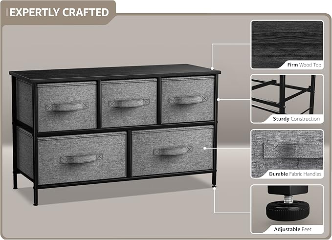 Sorbus Dresser with 5 Drawers - Storage Chest Organizer Unit with Steel Frame, Wood Top, Easy Pull Fabric Bins - Long Wide TV Stand for Bedroom Furniture, Hallway, Closet & Office Organization
