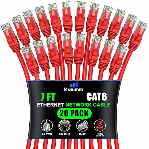 Maximm Cat 6 Ethernet Cable 7 ft (20-Pack) - High-Speed LAN Cable, Internet Cable, Patch Cable, and Network Cable - UTP, 10Gbps, 550MHz Ethernet Cord - Red