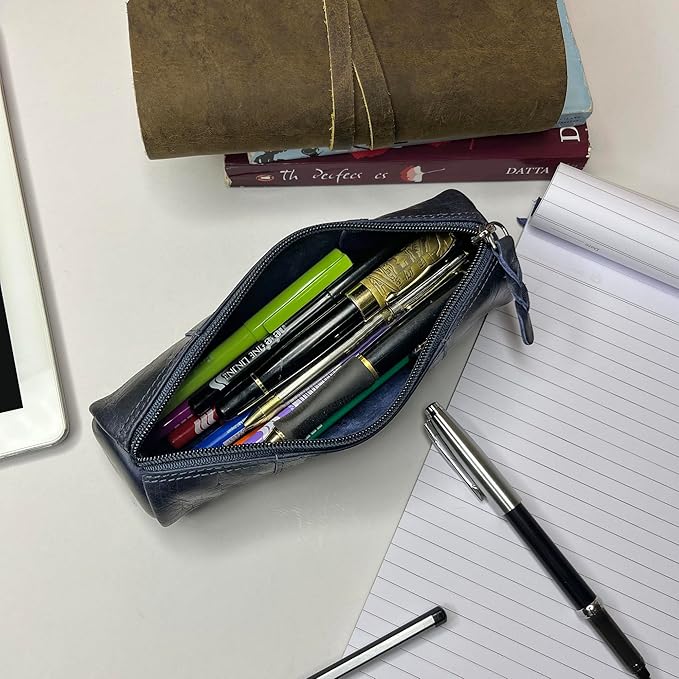 Rustic Town Leather Pencil Case - Full Grain Leather Zippered Pen Pouch - Stationery Bag Pen Holder for Work & Office