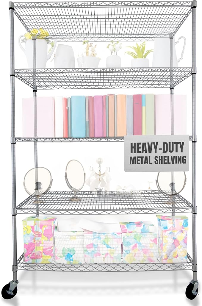 4000 LBS Heavy Duty Wire Rack 48 x 24 x 76, 5-Tier NSF Commercial Rolling Rack with Wheels, Chrome Metal Shelving Unit for Garage, Kitchen, Warehouse, Adjustable Storage Shelf, Crescent