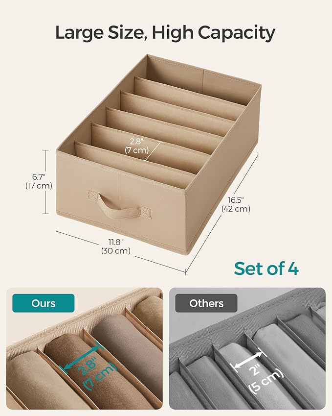 SONGMICS Set of 4 Large Size Wardrobe Clothes Organizers, 6-Compartment Foldable Drawer Organizers with Handles, 16.5 x 11.8 x 6.7 Inches, for Pants, Sweaters, Jeans, Sand Beige URUS009K01