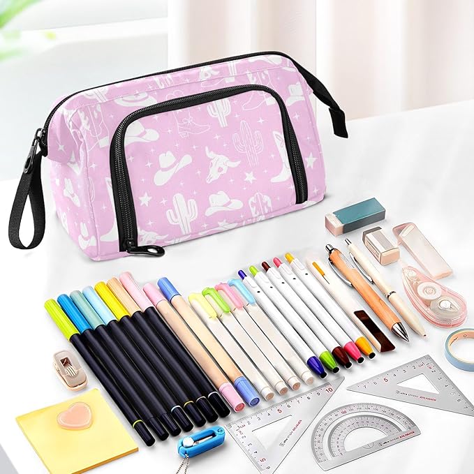 Western Cowboy Purple Pencil Case Pouch Big Capacity Pencil Bag Box Organizer Pen Case Pencil Pouch Aesthetic with Handle for Kids Boys Girls Women College Office