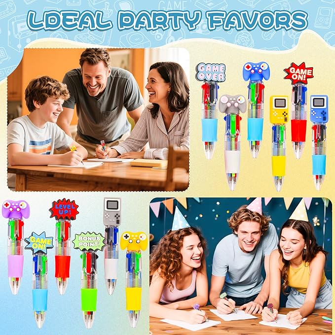 LiYiQ 100 Pcs Video Game Party Favors Multicolor Pen in One Cartoon Cute Fun 4-in-1 Cute Pens Bulk Kawaii Game Handle Level Up Games Console Shape Cool Ballpoint Pens for Kids Fun Gifts