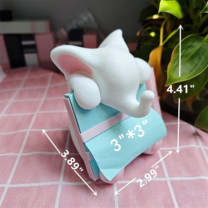 Elephant Sticky Note Holder - Pop-up Note Dispenser Cute with Pink Pen Holder for Office Desk Accessories, 3x3 in, White