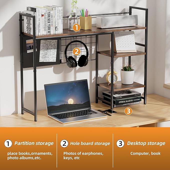 38.5" 3-Tier Desktop Bookshelf | Desk Organizer Shelf & Computer Monitor Stand | Dark Brown Home Office Storage