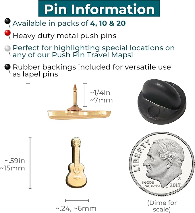 Guitar Push Pins - Gold Guitar Map Pins for Cork Boards, Maps, or Lapel Use - Designed in USA - Set of 4