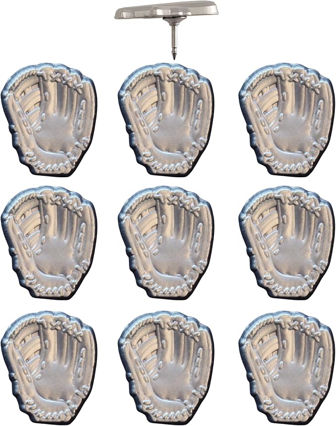 Baseball Glove Push Pins - Silver Baseball Glove Map Pins for Cork Boards, Maps, or Lapel Use - Designed in USA - Set of 10