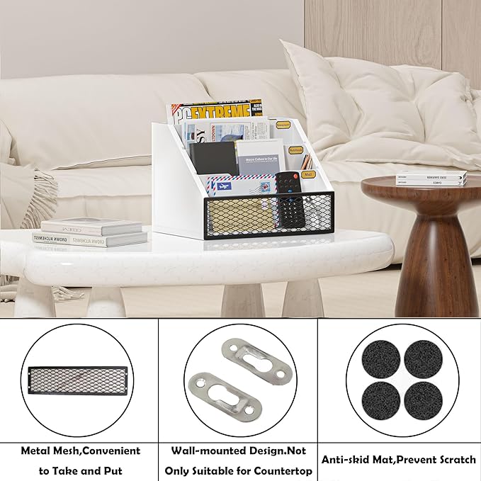 Mail Organizer Countertop,Wooden Mail Holder,4 Slot Letter Holder for Desktop,Vintage Desk Orgaizer for Fill,Bill (White)