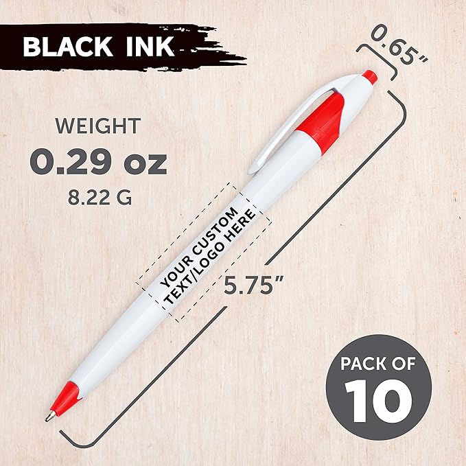 DISCOUNT PROMOS Custom Slim Curvy Ballpoint Pens Set of 10, Personalized Bulk Pack - Black Ink, Retractable, Great for Office, School, Tradeshows - Red