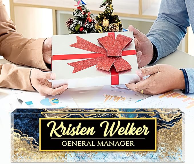 Name Plate for Desk, Desk Name Plate Personalized, Office Decor for Women Men, Acrylic Desktop Accessories, Office Appreciation Gifts for Boss Social Workers Nurse Teacher Employee (Blue/Gold)