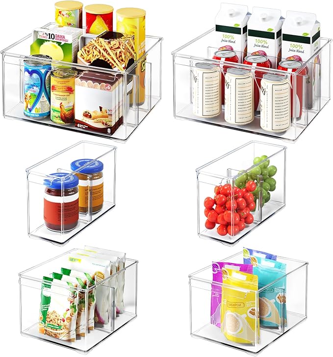 Clear Plastic Storage Bins 6 Pack, Large Stackable Storage Containers with Dividers, Tall 6" Thicken Storage Drawer Organizer Boxes for Pantry Kitchen Cabinets Fridge Vanity Makeup Craft C6-4