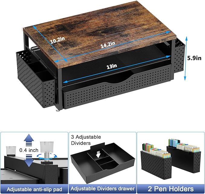 Spacrea Desk Organizer and Accessories, Computer Monitor Stand Riser with Drawer and 2 Pen Holders, Office Desk Accessories & Workspace Organizers for Office Supplies (Wood)