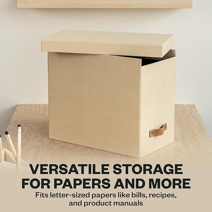Bigso John File Box - File Storage Box and File Organizer for Important Paperwork - Durable Hanging File Box with Lid and Leather Handle - 7.36 in x 13.26 in x 10.51 in - Cream