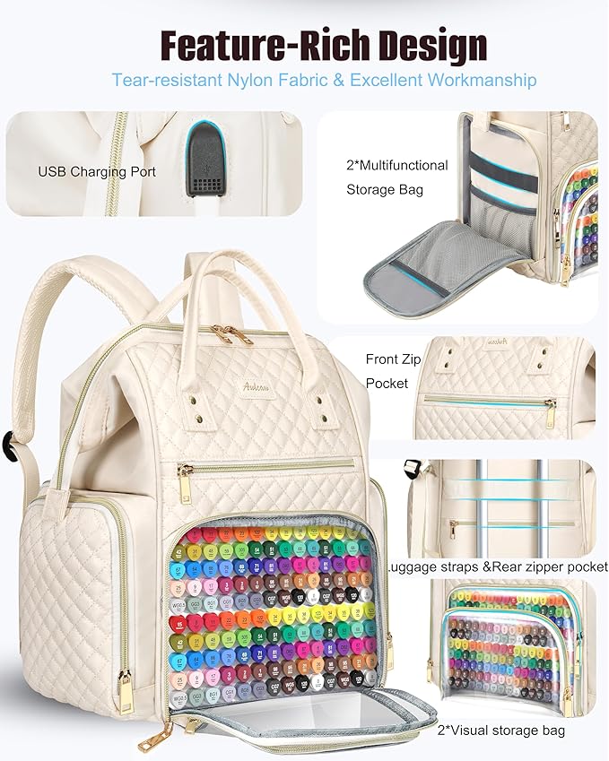 Marker Organizer Case Bag, Large Markers Storage Backpack with USB Port for Artists, Illustrators, Creatives, Pen Travel Holder Case Bag for Art Creativity Craft Supply, Beige